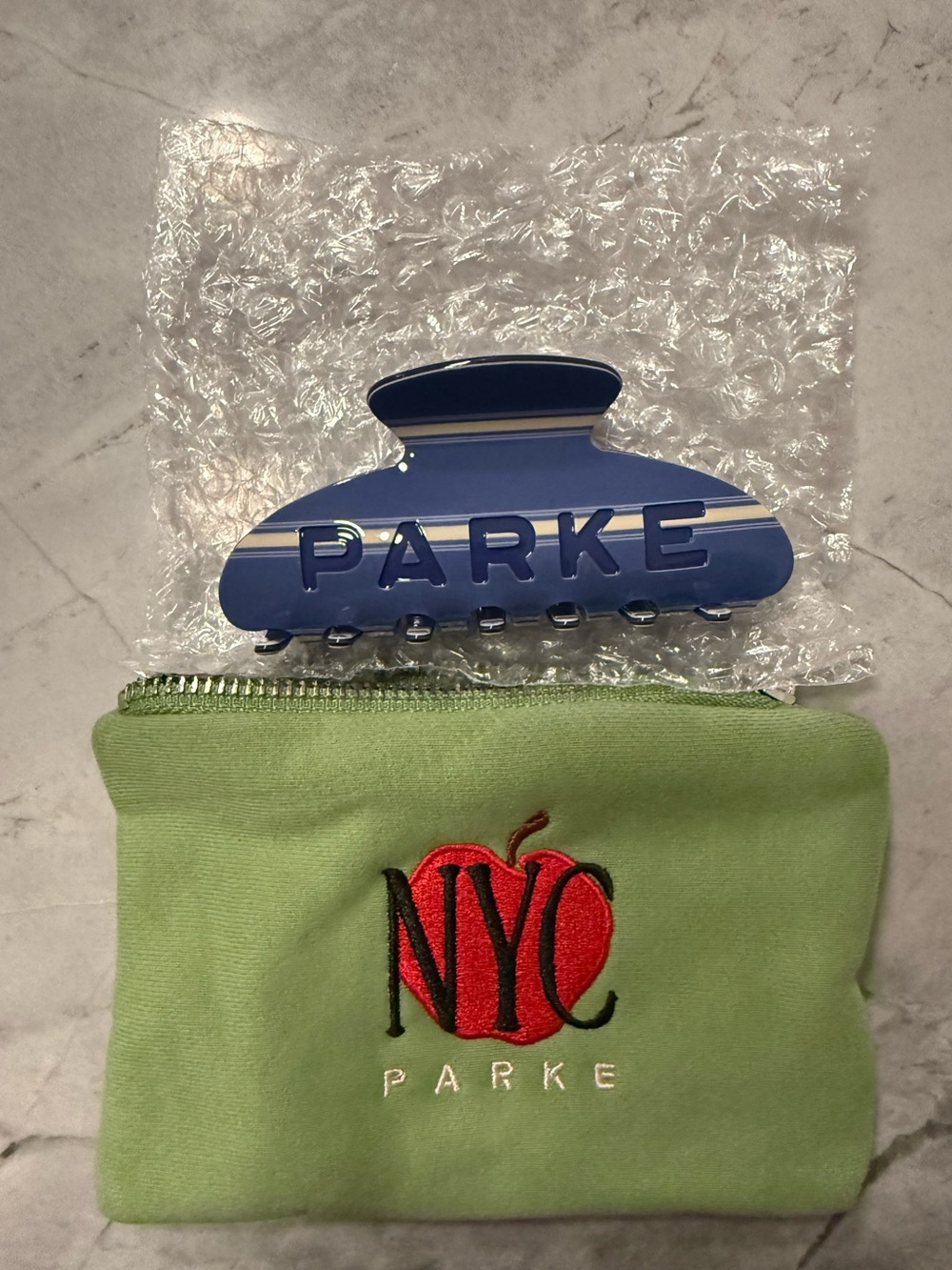Parke Blue Striped Hair Claw Clip with Green NYC Pouch